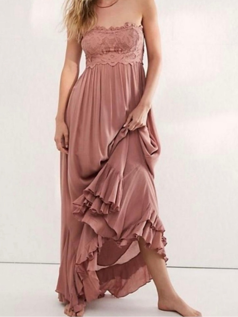 Free People Strapless Lace Ruffle Maxi Dress - Rose Taupe